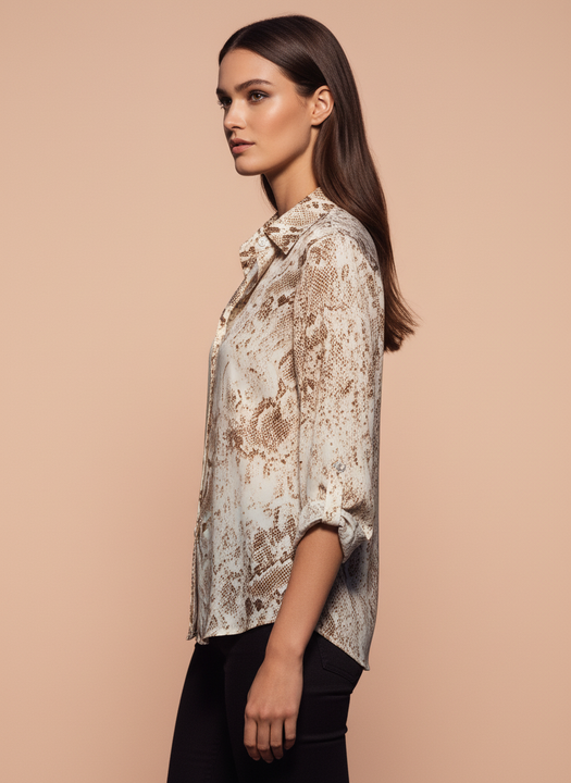 Women's Beige & Brown Snakeskin Printed Oversized Shirt