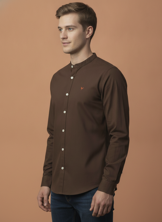 Premium Men'S Brown Crinkle Cotton Shirt - Mandarin Collar, Long Sleeves