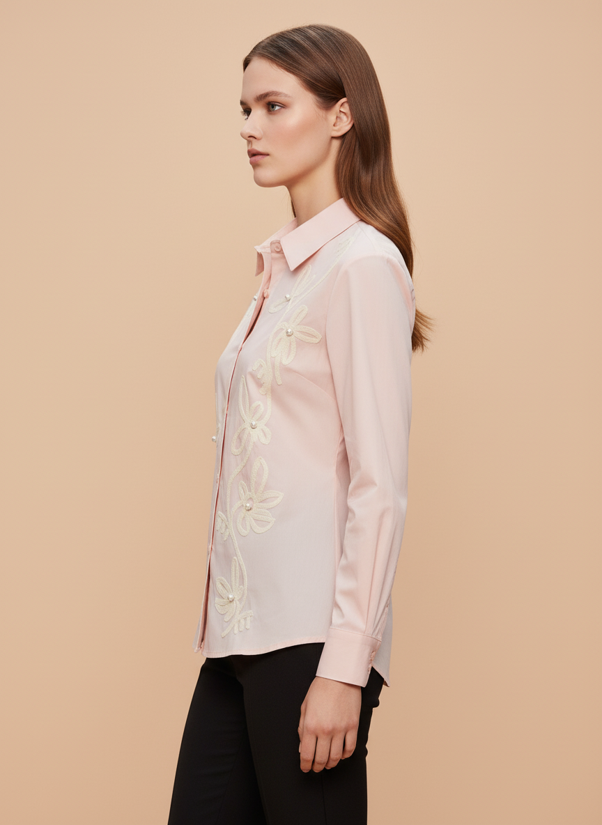 Elegant Blush Pink Floral Embroidered Shirt for Women