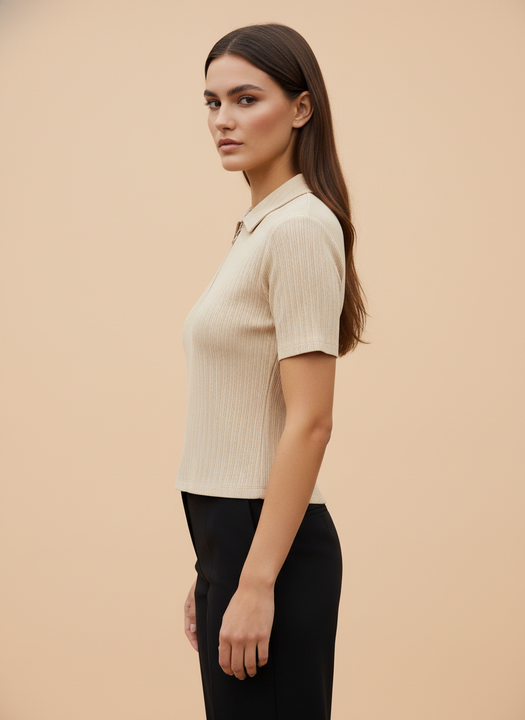 Women’s Beige Ribbed Knit Half-Zip Polo T-Shirt