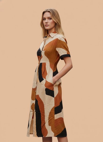 Rayon Printed Puff Sleeve A Line Shirt Dress