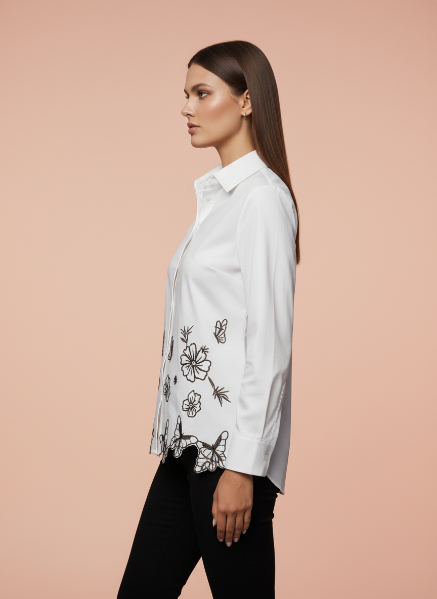 White Floral Butterfly Embroidered Cotton Shirt
