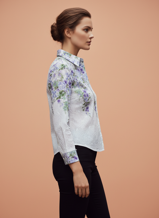 White Purple Floral Embroidered Shirt for Women