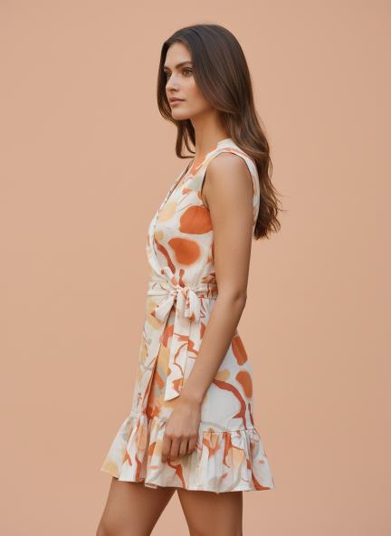 Cambric Digital Print  V Neck Flare Dress With Slash Pocket