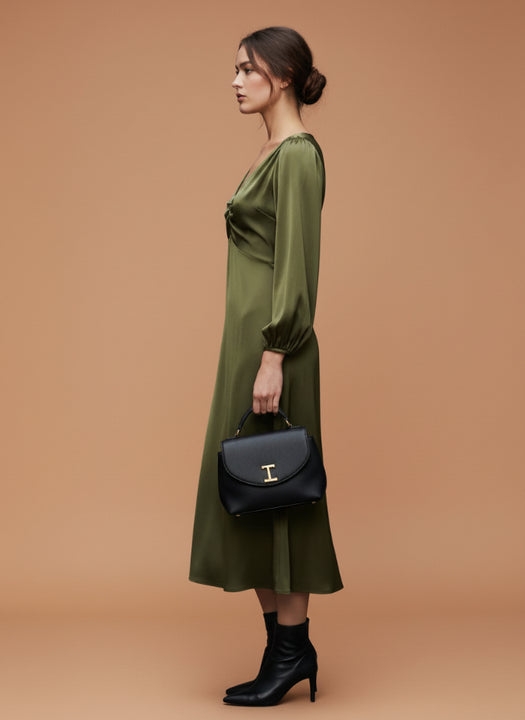 Women's Luxury European Satin Midi Dress Olive