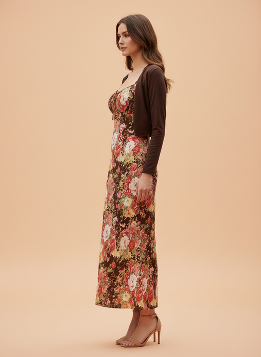Elegant Floral Midi Dress with Shrug  Stylish Women’s Casual & Party Wear