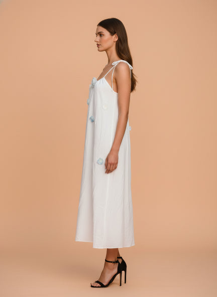 Elegant White Floral Appliqué Midi Dress for Women