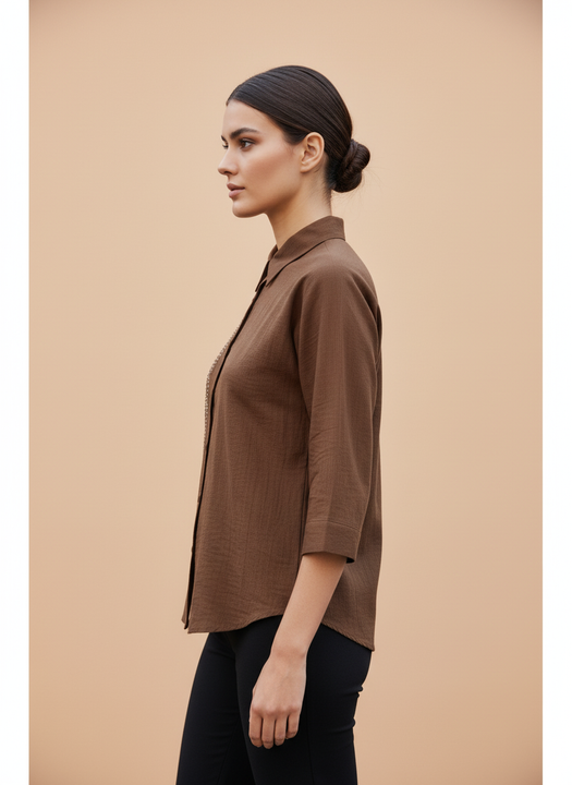 Elegant Earth-Tone Embroidered Cotton Shirt for Women