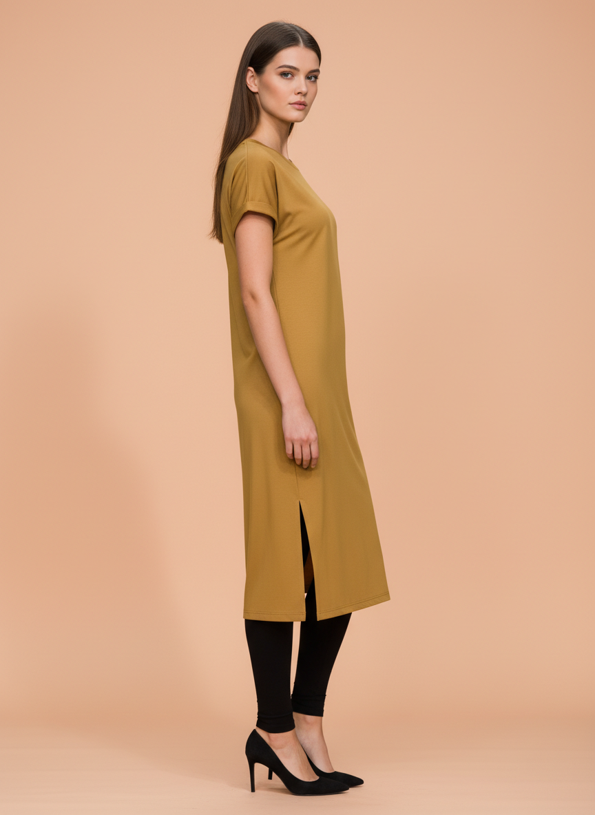 Women’s Mustard Printed Midi Tunic Dress