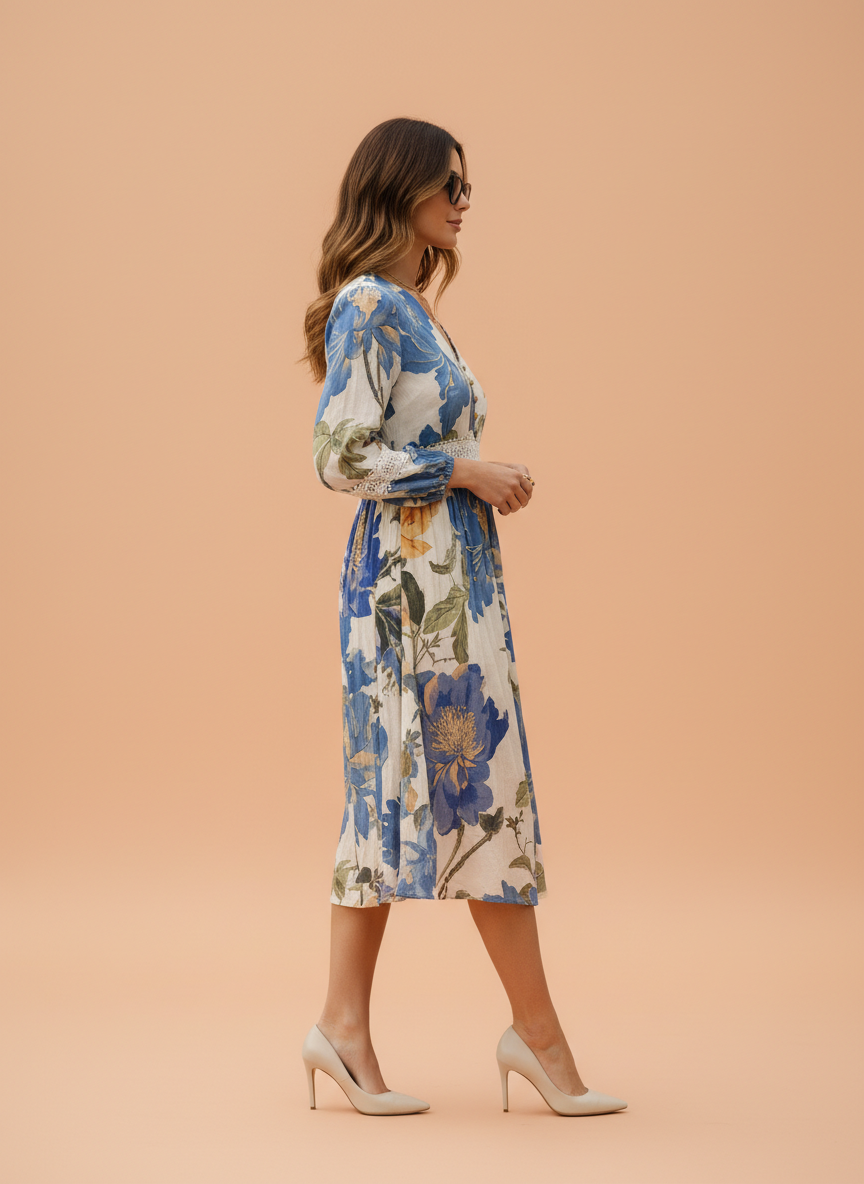 Women’s Floral Printed A-Line Midi Dress with V-Neck & Lace Detail