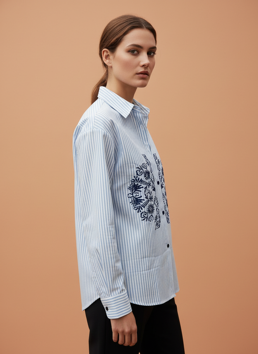 Chic Blue Striped Embroidered Shirt for Women