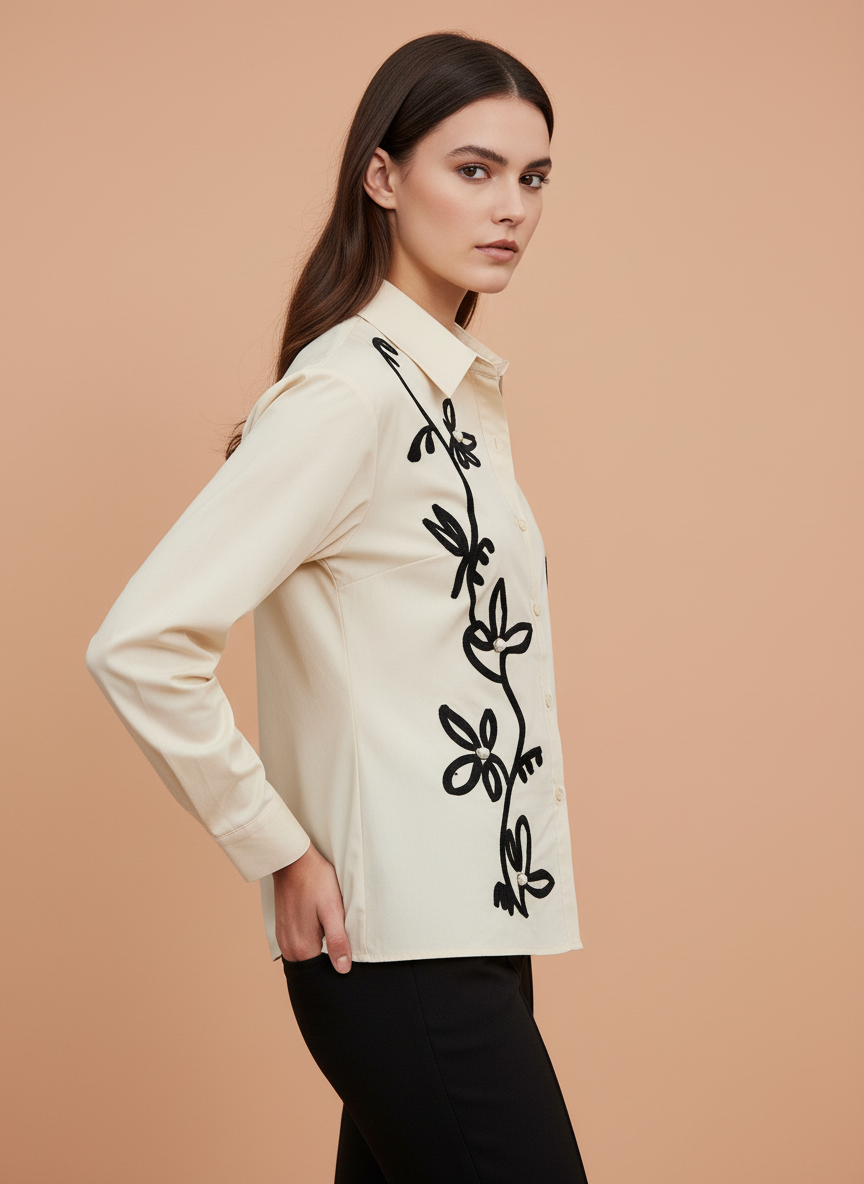 Off White Embroidered Floral Shirt for Women