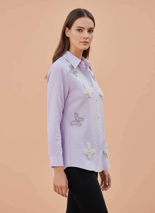Lavender Pearl Embellished Designer Womens Shirt