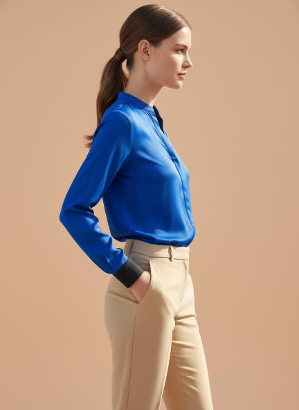 Summer Satin Royal Blue Mandarin Collar Shirt