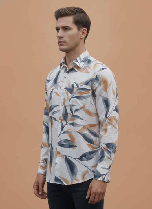 Men'S Premium Rayon Shirt With Blue And Orange Leaf Print