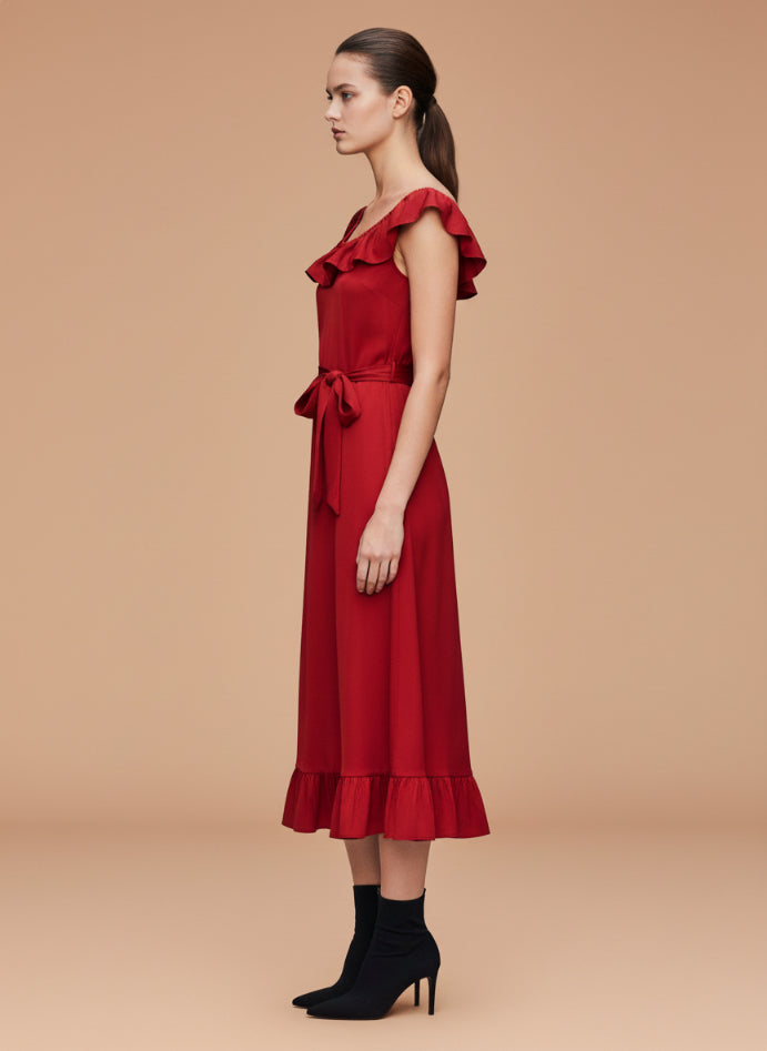 Women’s Luxury European Satin Crimson Red Midi Dress