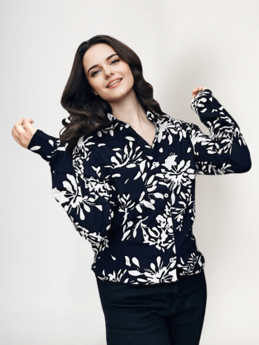 Women's Premium Rayon Shirt With Navy Floral Print