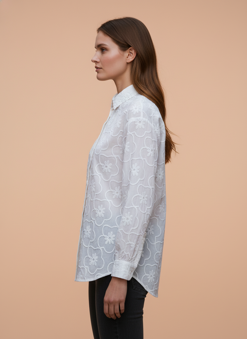 White Floral Embroidered Women Shirt