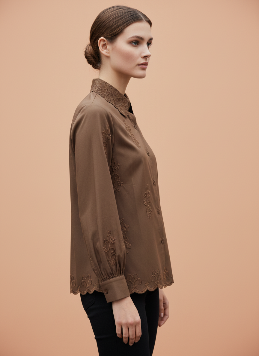 Elegant Brown Embroidered Women’s Shirt