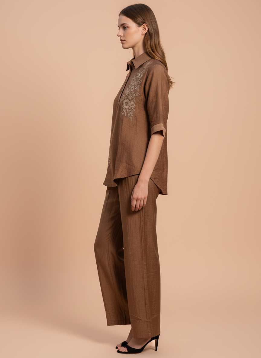 Elegant Brown Embroidered Co-Ord Set for Women