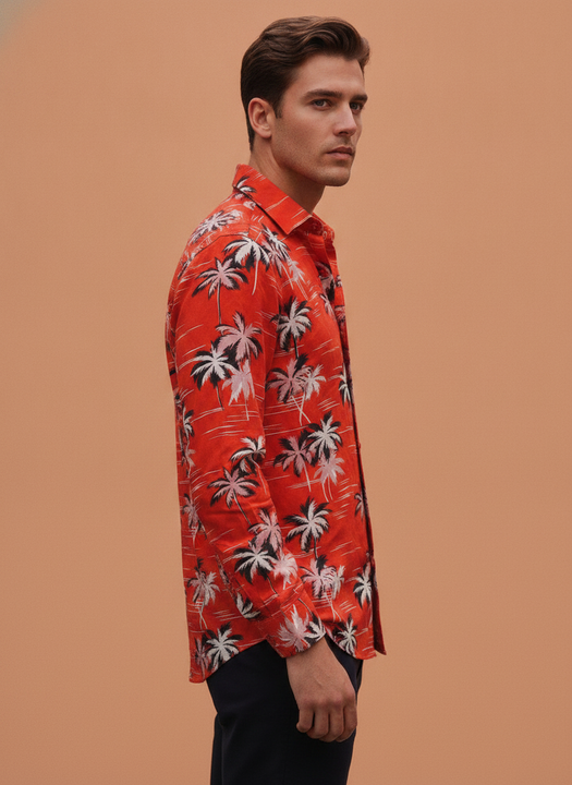 Men'S Premium Rayon Shirt With Red Flower Print