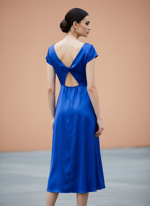 Women’s Luxury European Satin Royal Blue Midi Dress
