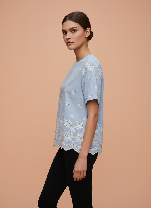 Sky Blue Schiffli Embroidered Cotton Top