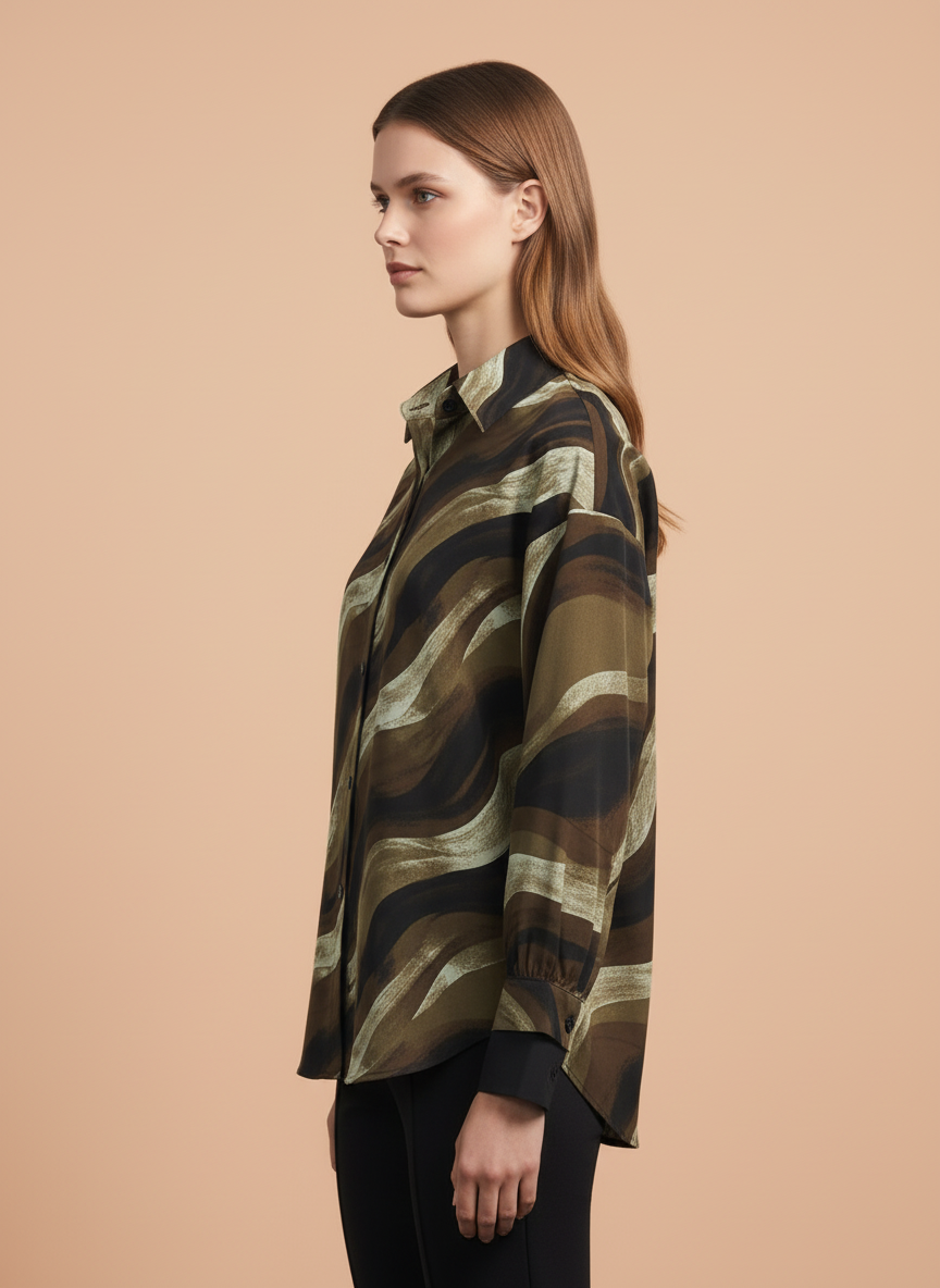 Women's Olive Green & Black Abstract Wavy Printed Oversized Shirt