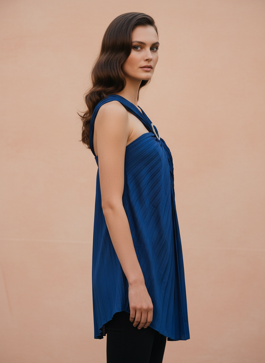 Elegant Navy Blue Pleated Halter Neck Top for Women