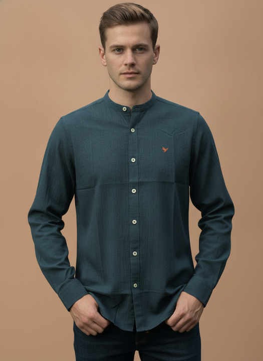 Amswan Premium Men'S Blue Crinkle Cotton Shirt - Mandarin Collar, Long Sleeves