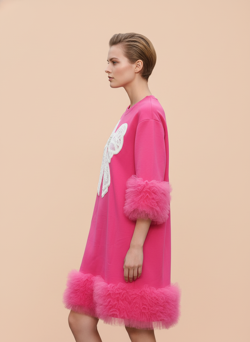 Fuchsia Pink Bow Applique Mini Dress with Tulle Ruffle Details