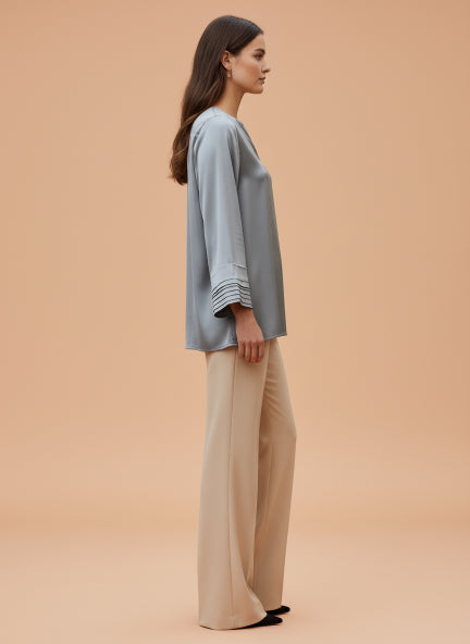 European Satin V Neck Long Sleeve Top