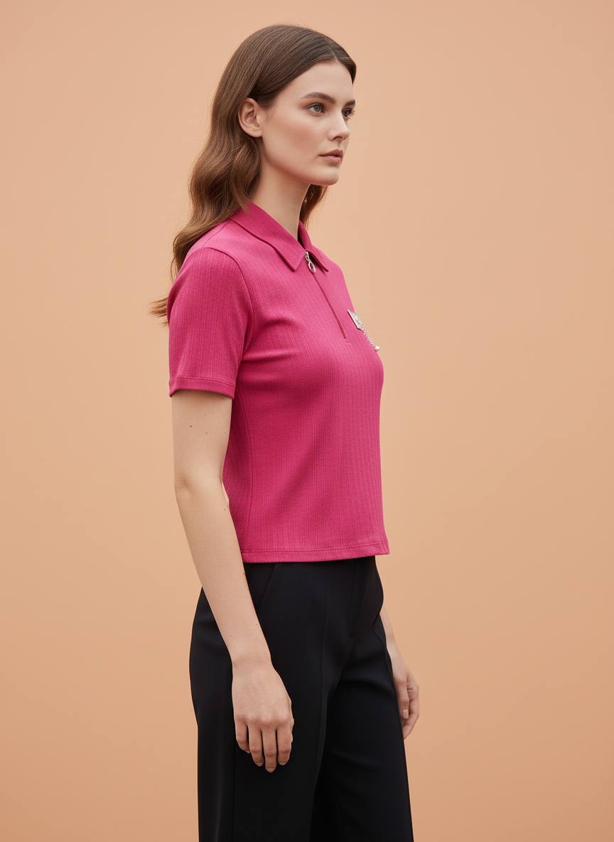 Women’s Fuchsia Pink Ribbed Knit Quarter Zip Polo T-Shirt