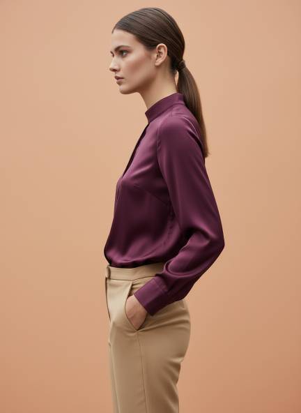 Summer Satin Deep Plum Mandarin Collar Shirt