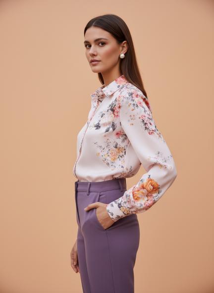 Satin Digital Print Puff Sleeve Shirt