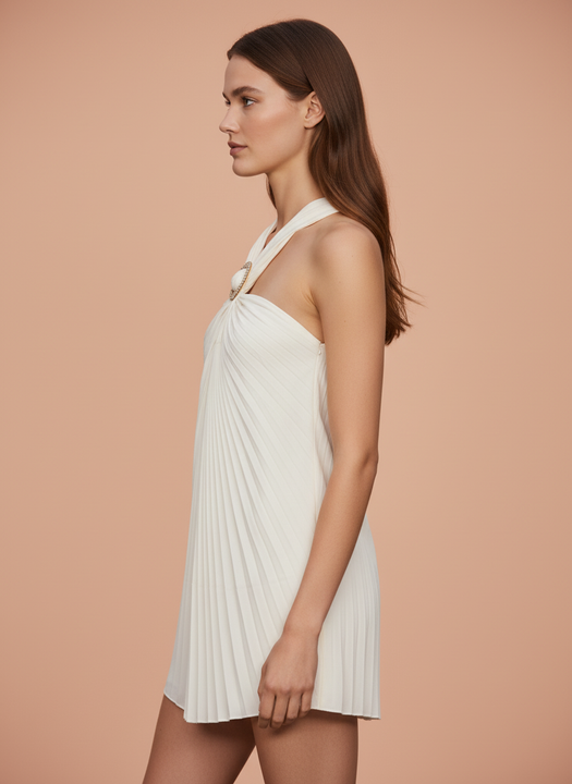 Elegant White Pleated Halter Neck Mini Dress for Women