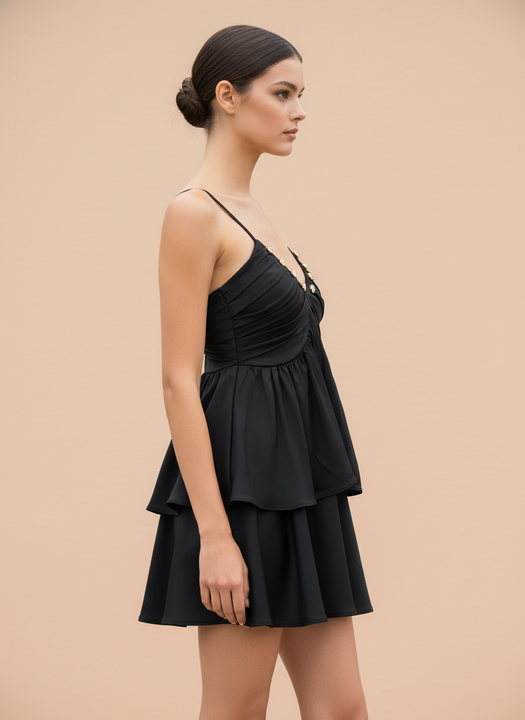 Stylish Black Layered Mini Dress with Embellished Neckline for Women