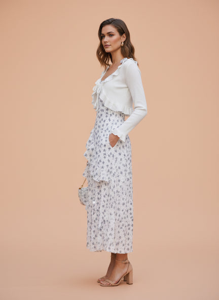 Elegant White Floral Midi Dress with Layered Design & Light Shrug