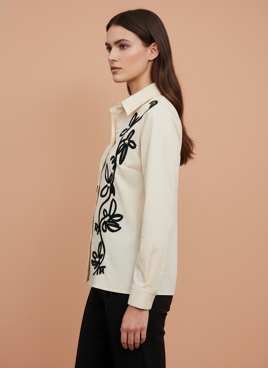 Off White Embroidered Floral Shirt for Women