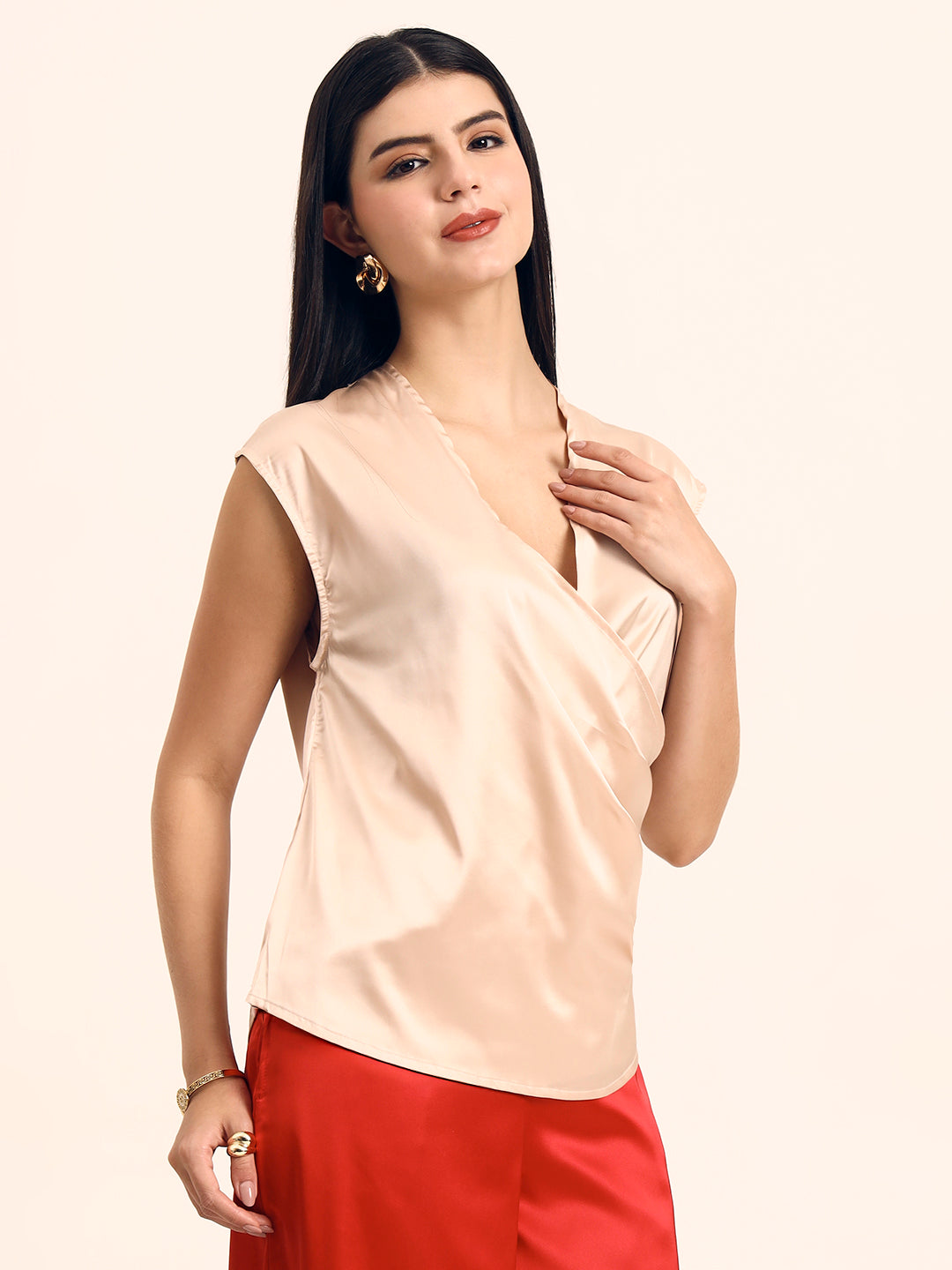 Women's Luxury European Satin V Neck Pleated Sleeveless Top