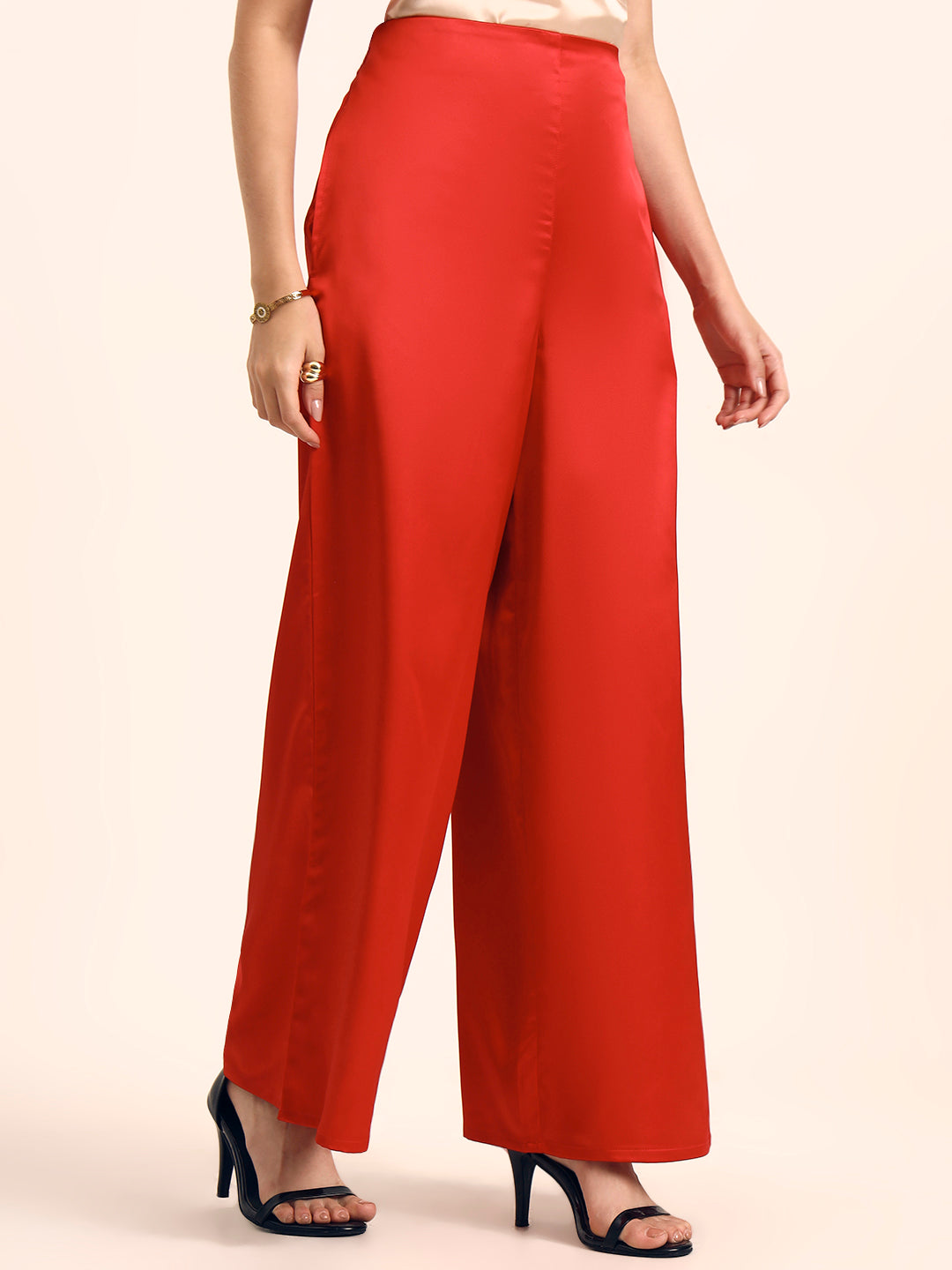 Luxury Satin Wide Leg Pants European Fabric  Red Glam Look