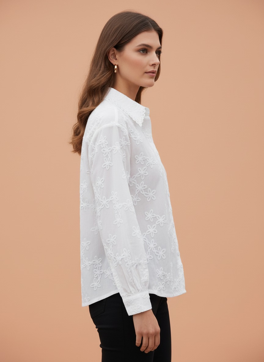 White Floral Embroidered Women Shirt