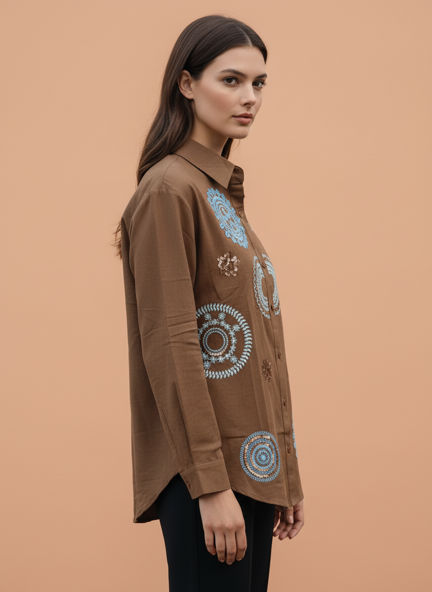 Brown Multi-Color Circular Embroidered Cotton Shirt
