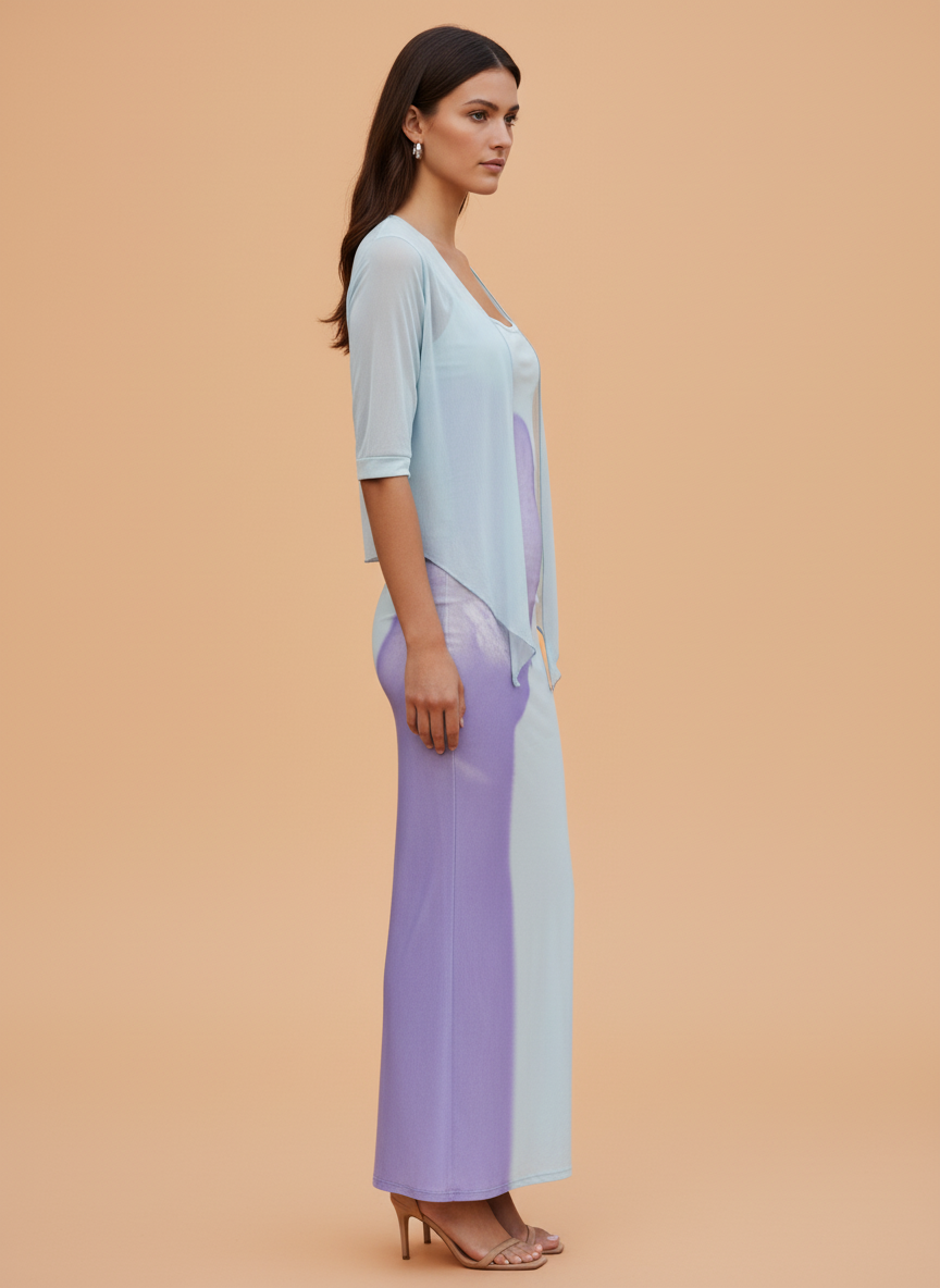 Elegant Women’s Sky Blue Bodycon Maxi Dress with Sheer Shrug