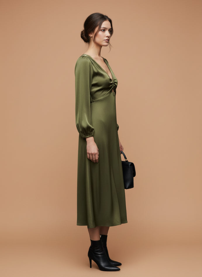 Women's Luxury European Satin Midi Dress Olive