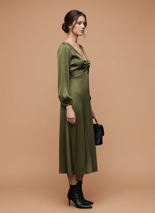 Women's Luxury European Satin Midi Dress Olive