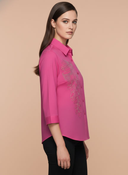 Hot Pink Beaded Floral Linen Shirt