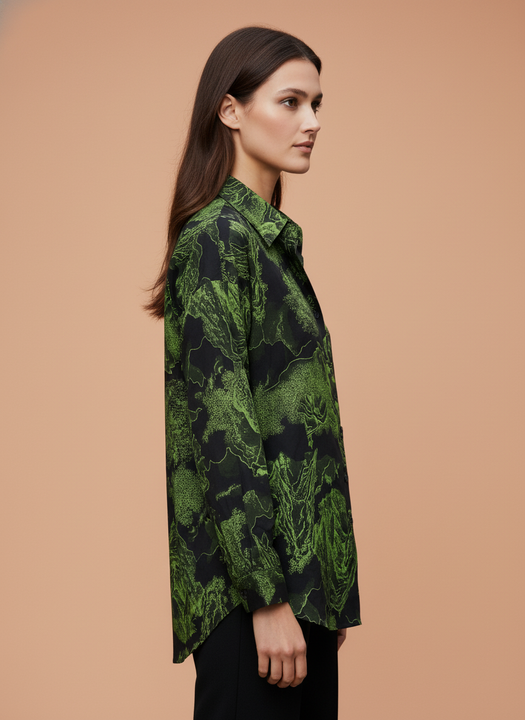 Women's Black & Green Abstract Floral Printed Oversized Shirt