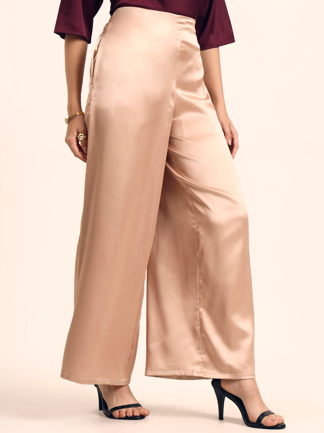 Luxury Satin Wide Leg Pants European Fabric  Rose Sand Glam Look