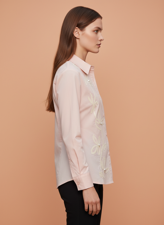 Elegant Blush Pink Floral Embroidered Shirt for Women